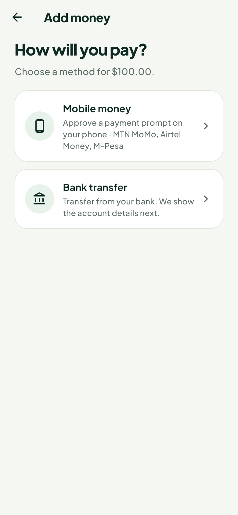 Adding money in the Rampa app: choose mobile money or a bank transfer.