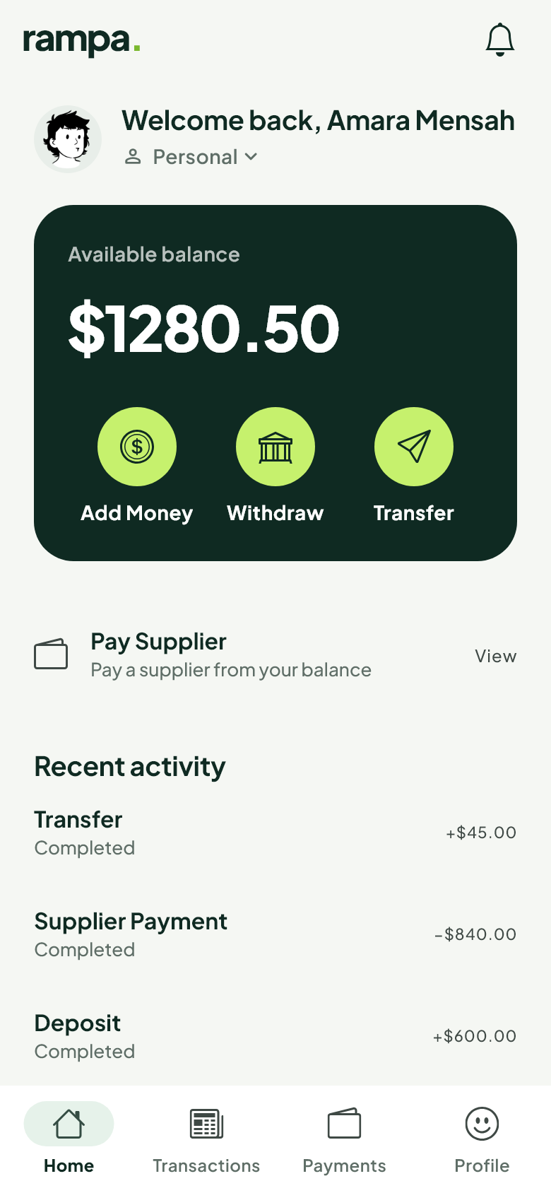 The Rampa app home screen with a US dollar balance and recent activity.