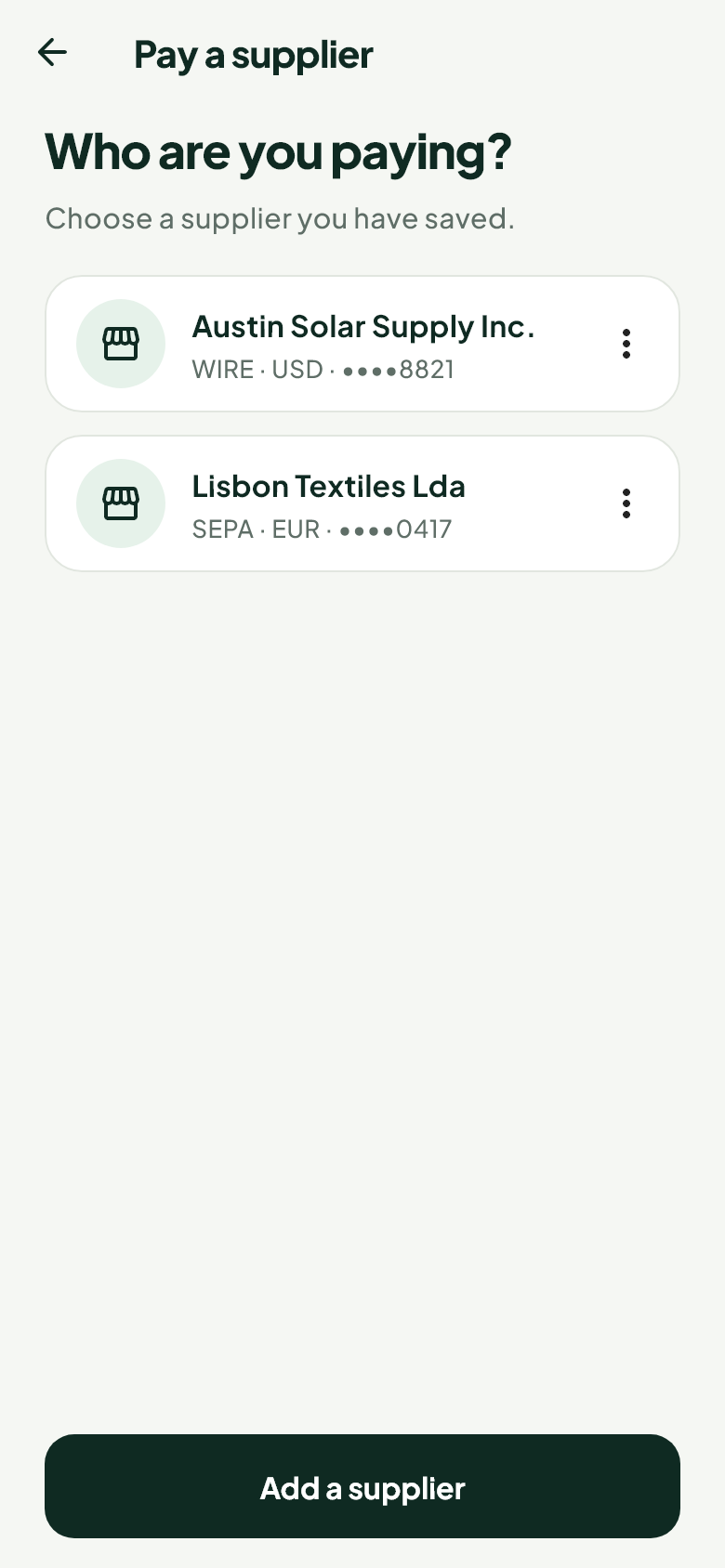 Choosing a saved supplier to pay in the Rampa app.