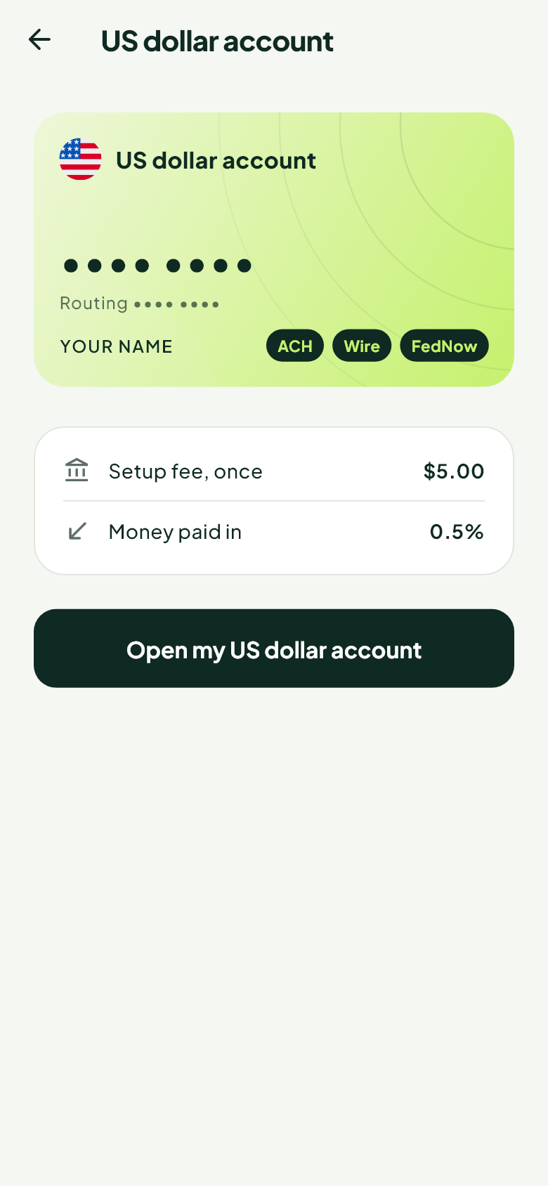 Opening a US dollar account in the Rampa app, with its fees.