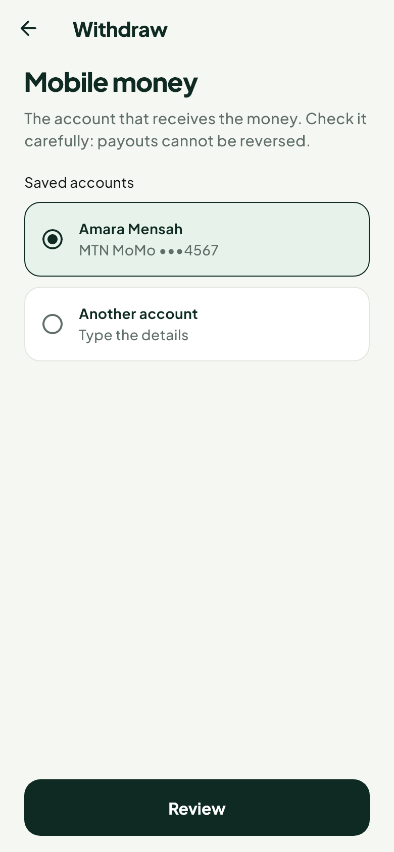Withdrawing to a saved mobile money account in the Rampa app.